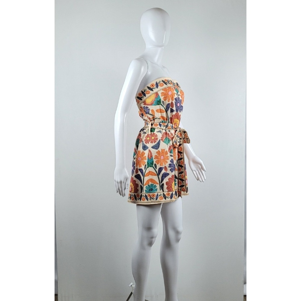Shein Floral Strapless Romper Womens Large Cream Orange Excellent Belted Tube - Picture 3 of 10